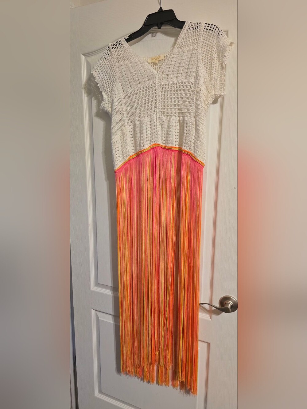 Rebellion Custom White Crochet Neon Rainbow Fringe Open-Knit Top SZ Med